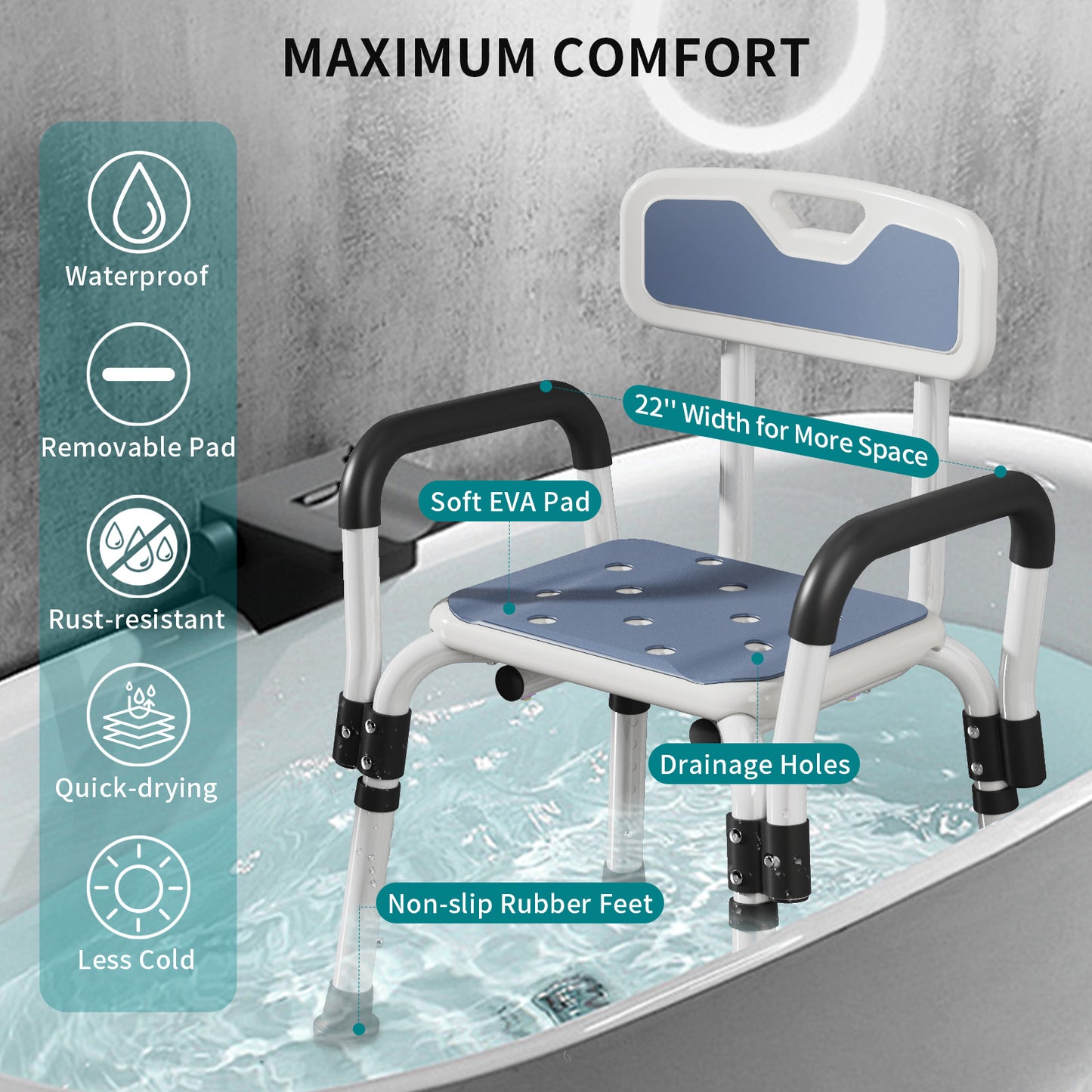 Shower Chair with Arms, Elegant white, weight capacity 550LBS.