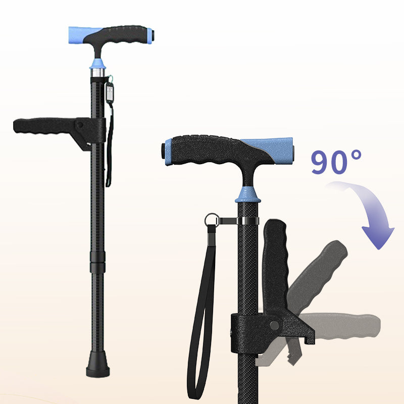 Carbon Fiber Cane with LED Light, Only 0.29KG, Single-Point Cane Tip, in Stylish Black.