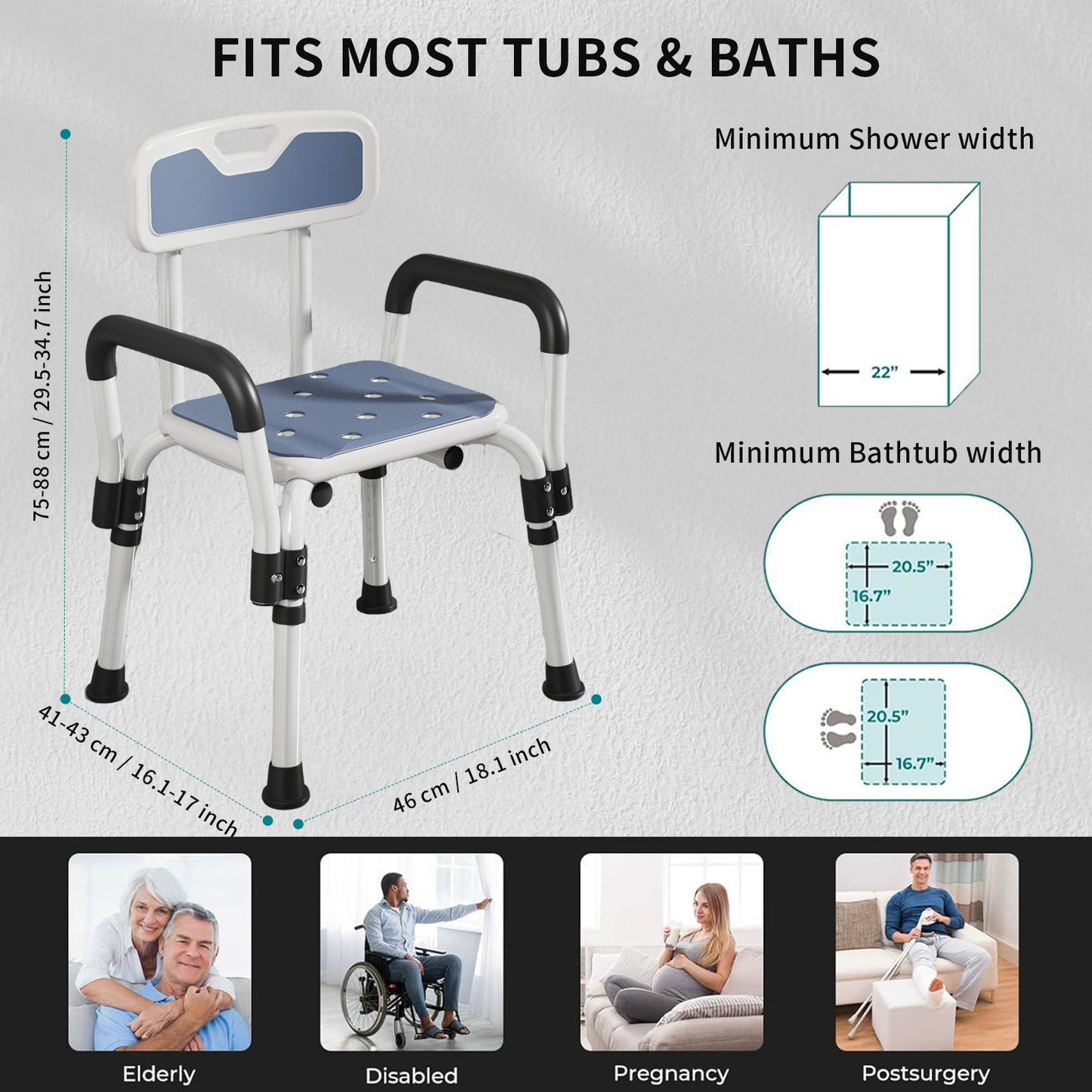 Shower Chair with Arms, Elegant white, weight capacity 550LBS.