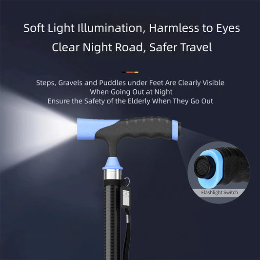 Carbon Fiber Cane with LED Light, Only 1.25KG, Four-Point Cane Tip, in Stylish Black.