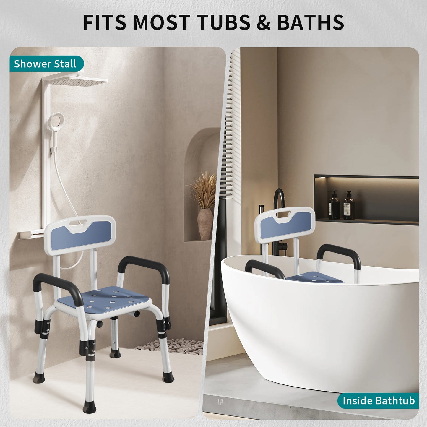 Shower Chair with Arms, Elegant white, weight capacity 550LBS.
