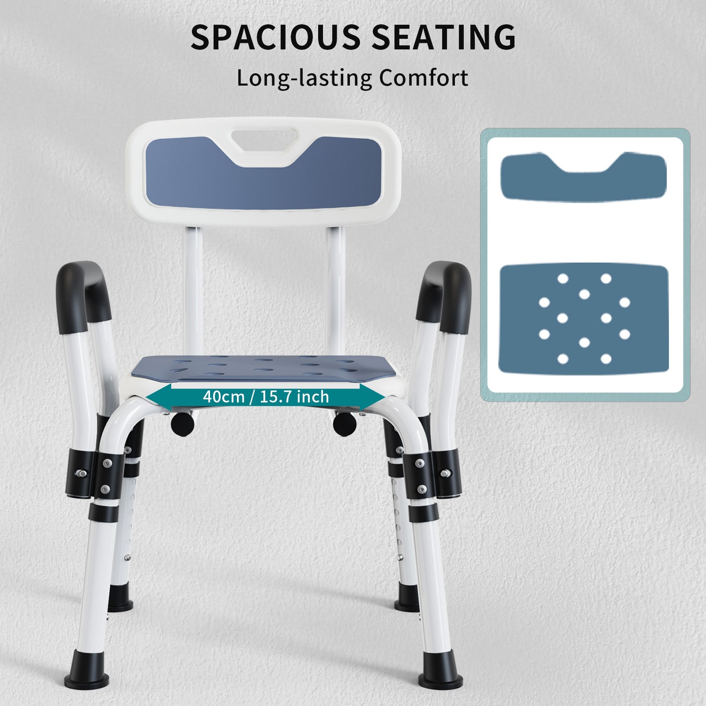 Shower Chair with Arms, Elegant white, weight capacity 550LBS.