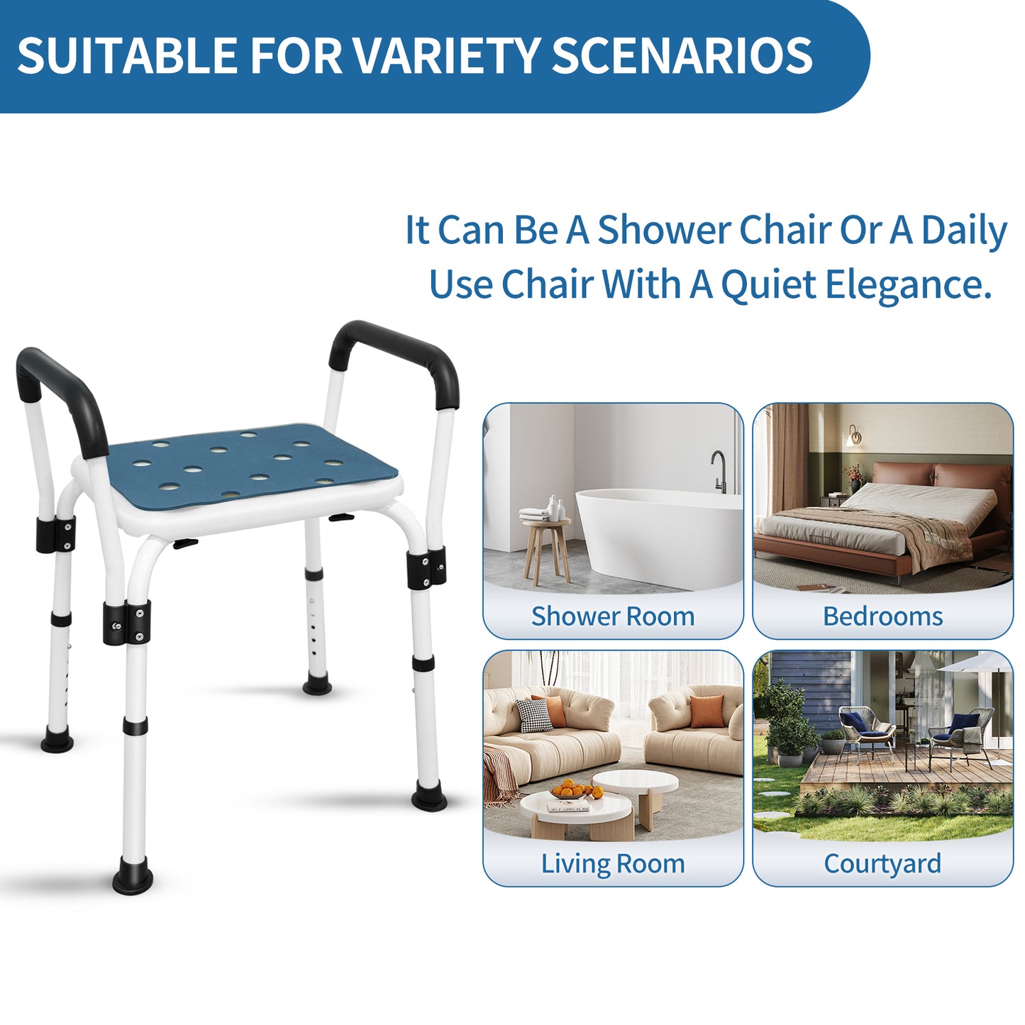 Shower Stool with Arms, Elegant white, weight capacity 550LBS.