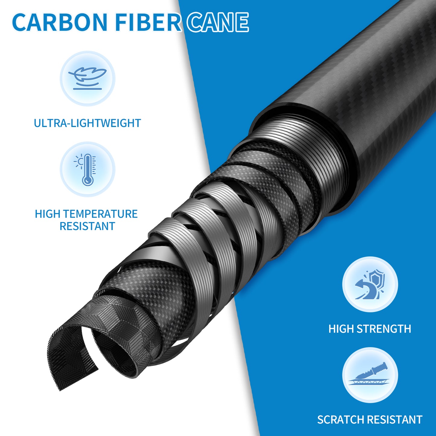 Carbon Fiber Cane, Ultralight 0.6lbs, Small Four-Point Cane Tip, Black.