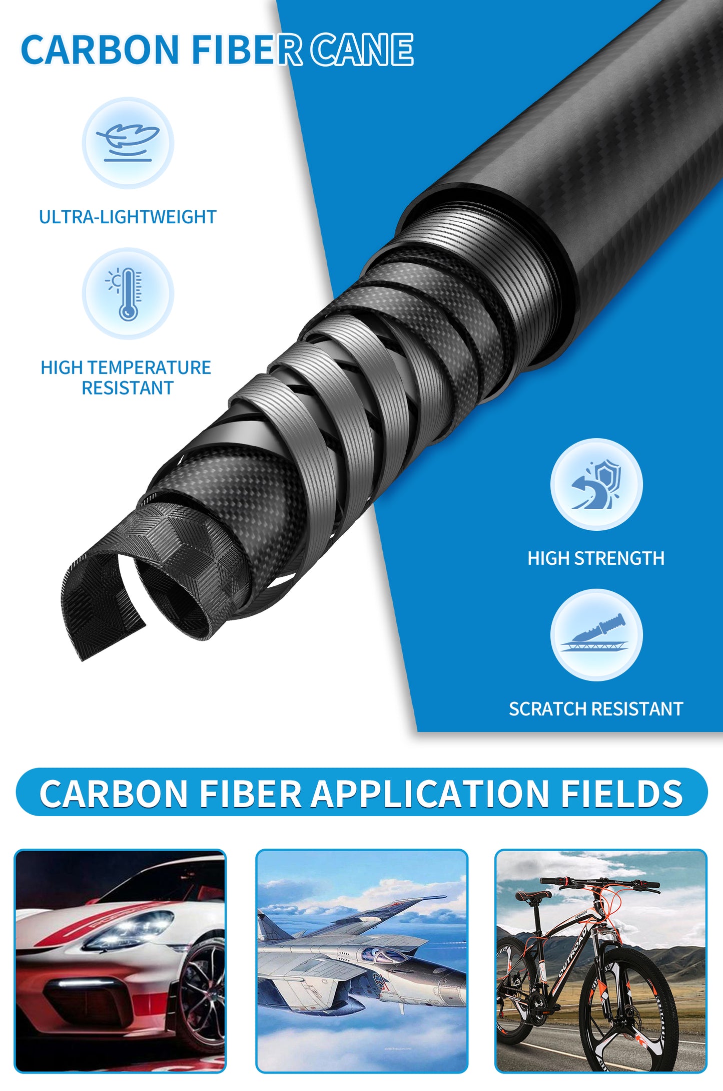 Carbon Fiber Cane, Ultralight 0.6lbs, Small Four-Point Cane Tip, Black.