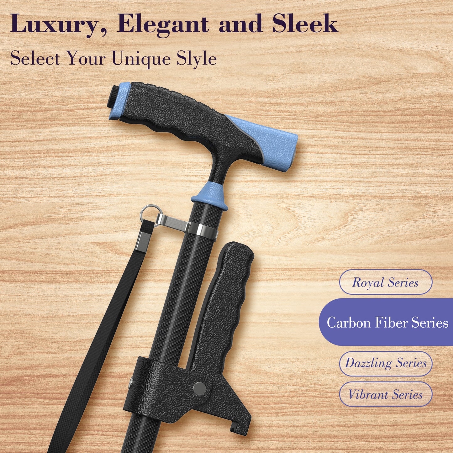 Carbon Fiber Cane with LED Light, Only 0.29KG, Single-Point Cane Tip, in Stylish Black.