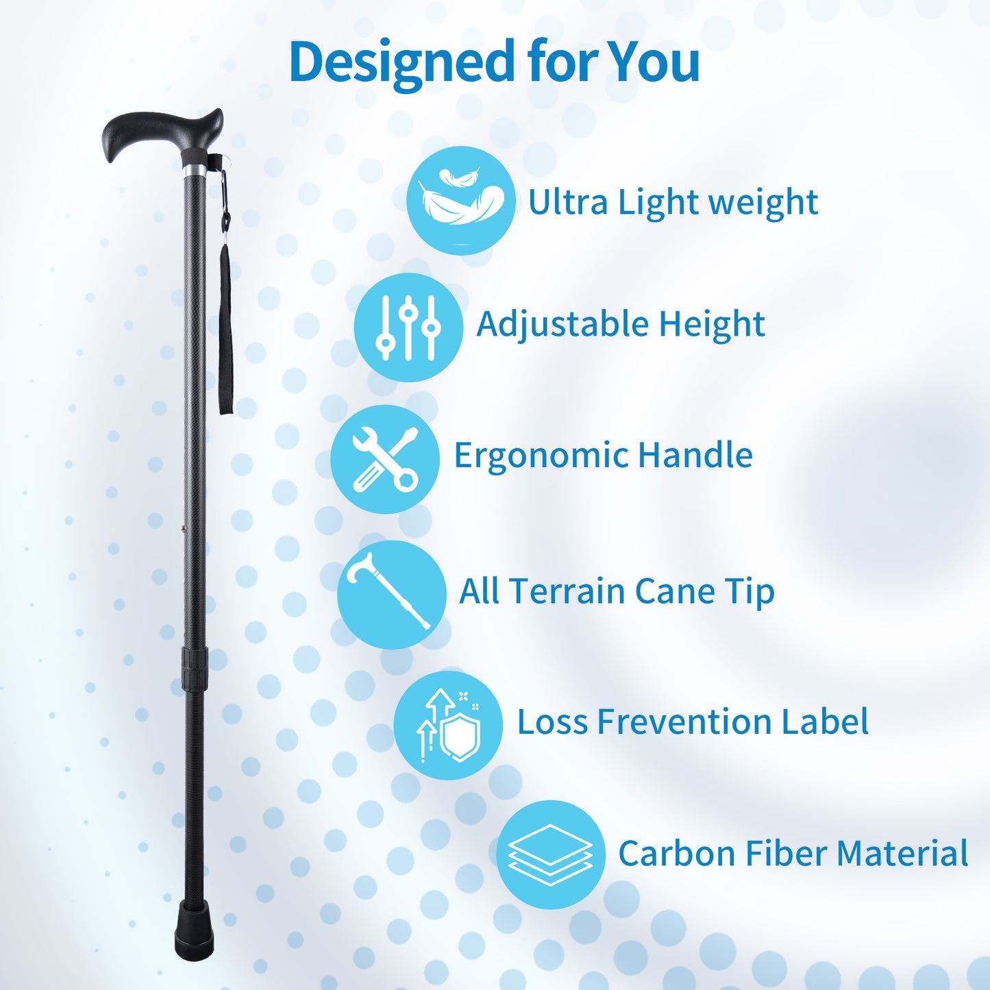 Carbon Fiber Cane, Ultralight 0.6lbs, Small Four-Point Cane Tip, Black.