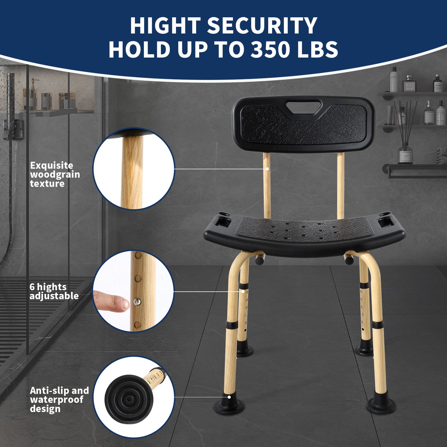 Shower Chair 350lbs, Elegant Black, Weight Capacity 550LBS.