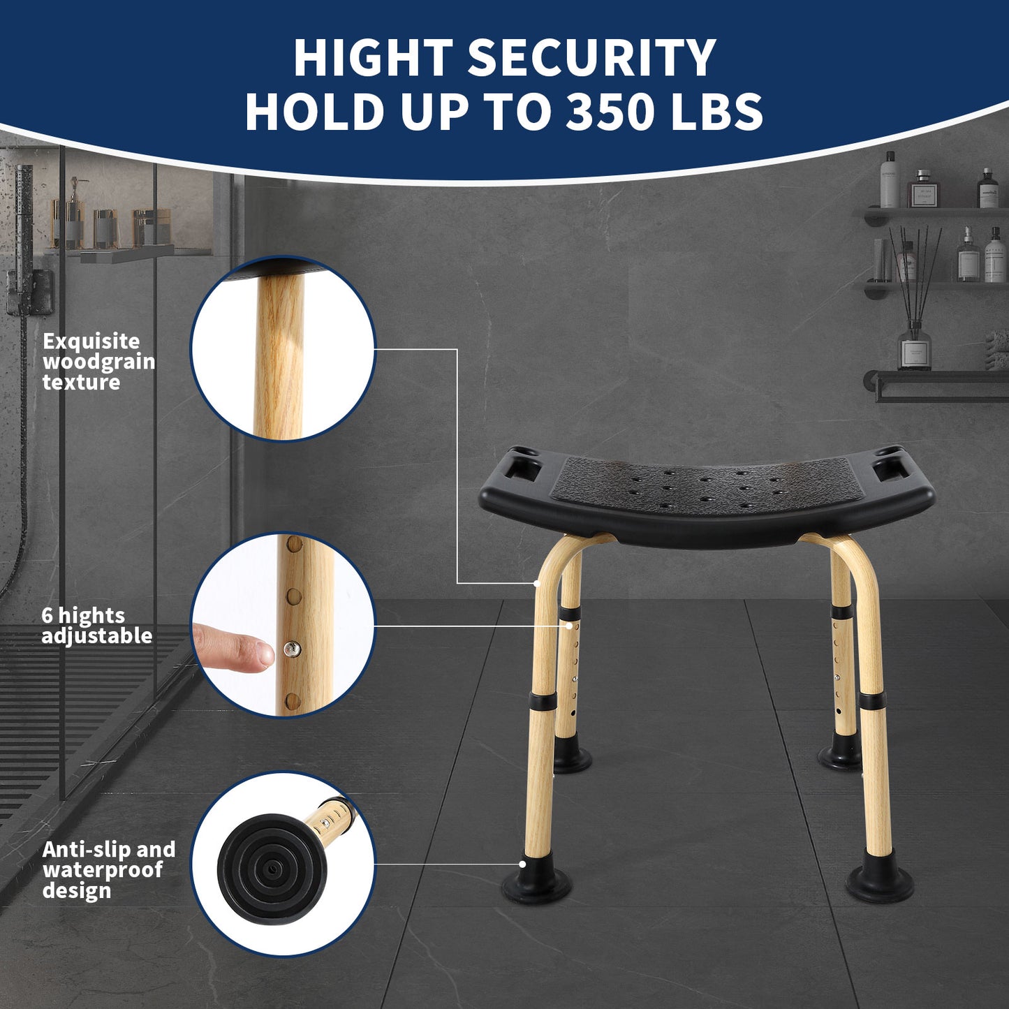 Shower Stool 350lbs, Elegant Black, Weight Capacity 550LBS.