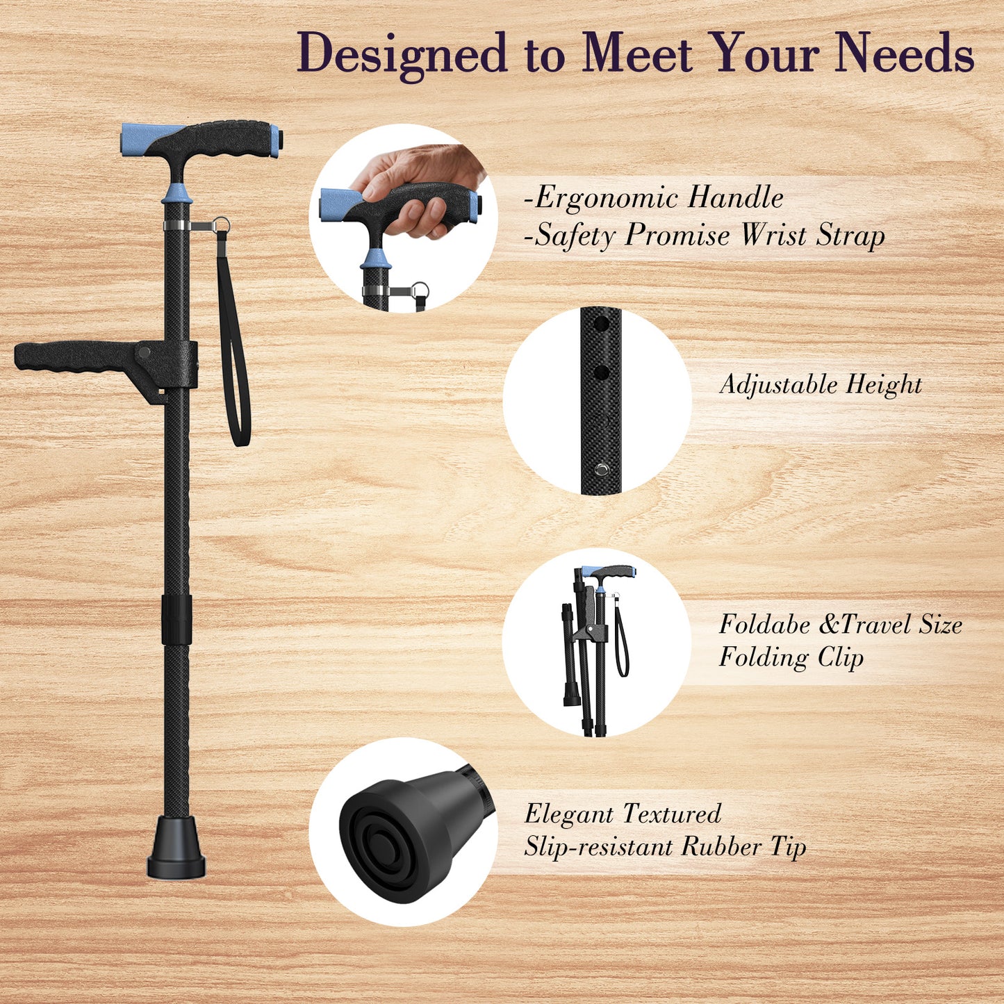 Carbon Fiber Cane with LED Light, Only 0.29KG, Single-Point Cane Tip, in Stylish Black.