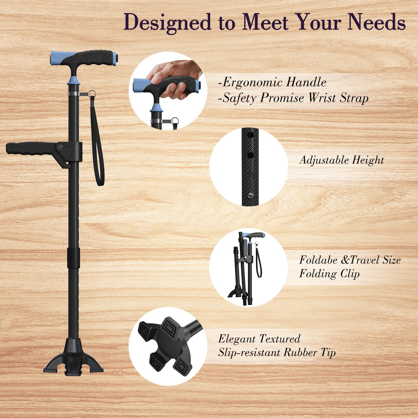 Carbon Fiber Cane with LED Light, Only 1.25KG, Small Four-Point Cane Tip, in Stylish Black.
