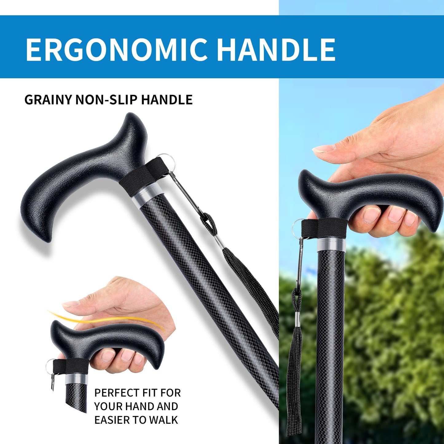 Carbon Fiber Cane, Ultralight 0.6lbs, Small Four-Point Cane Tip, Black.