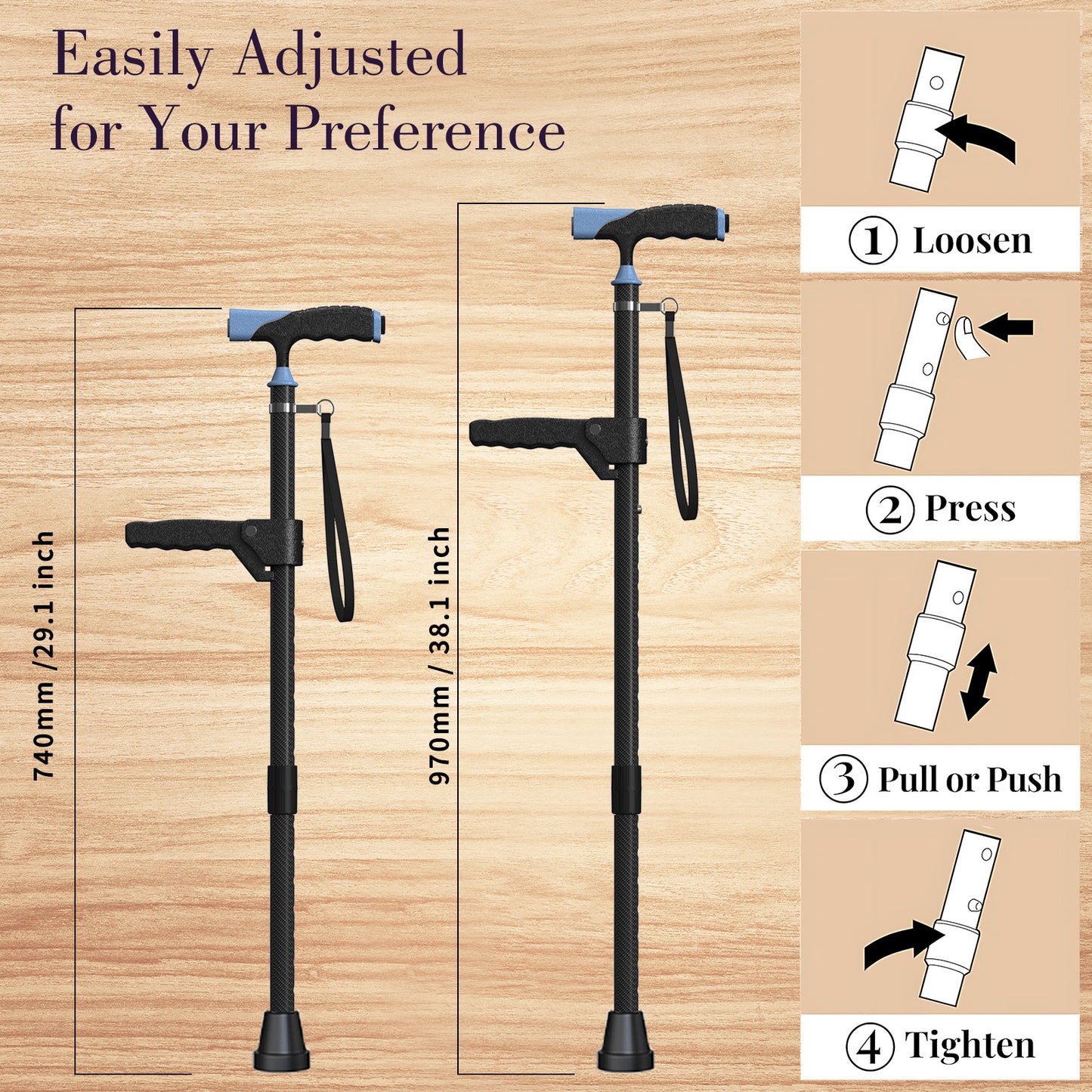 Carbon Fiber Cane with LED Light, Only 0.29KG, Single-Point Cane Tip, in Stylish Black.
