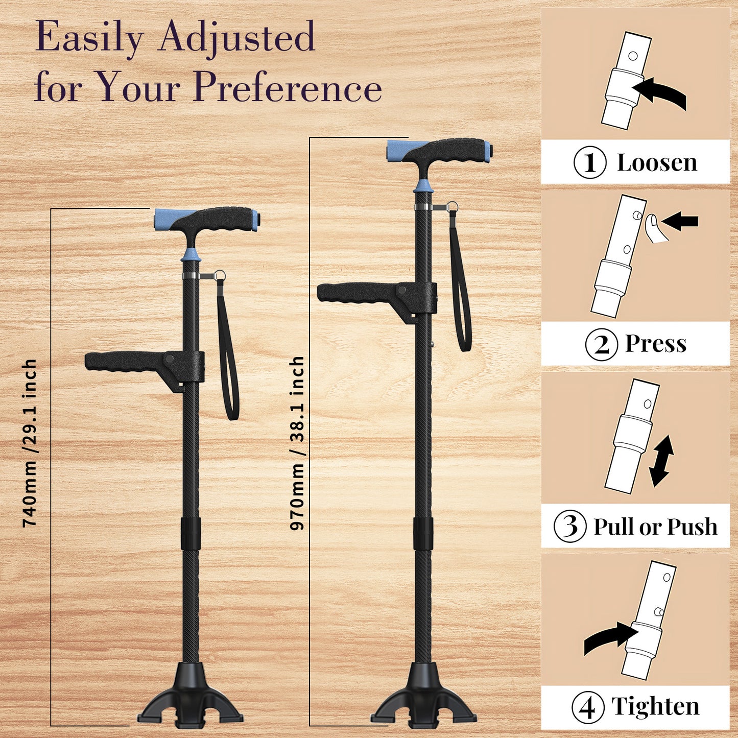 Carbon Fiber Cane with LED Light, Only 1.25KG, Small Four-Point Cane Tip, in Stylish Black.