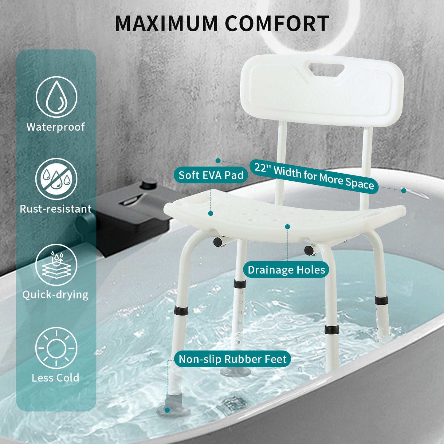 Shower Chair for Bathroom, Elegant white, weight capacity 350LBS