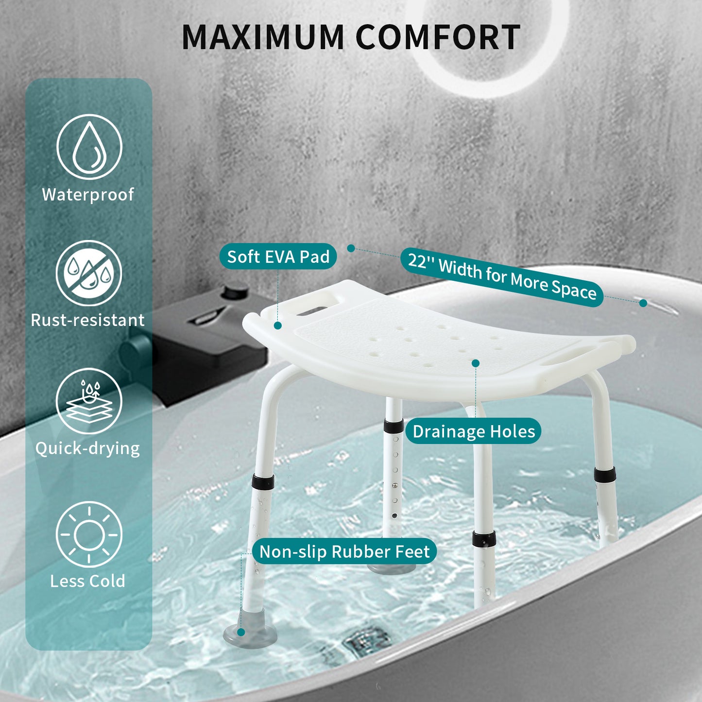 Shower Stool for Bathroom, Elegant white, weight capacity 350LBS