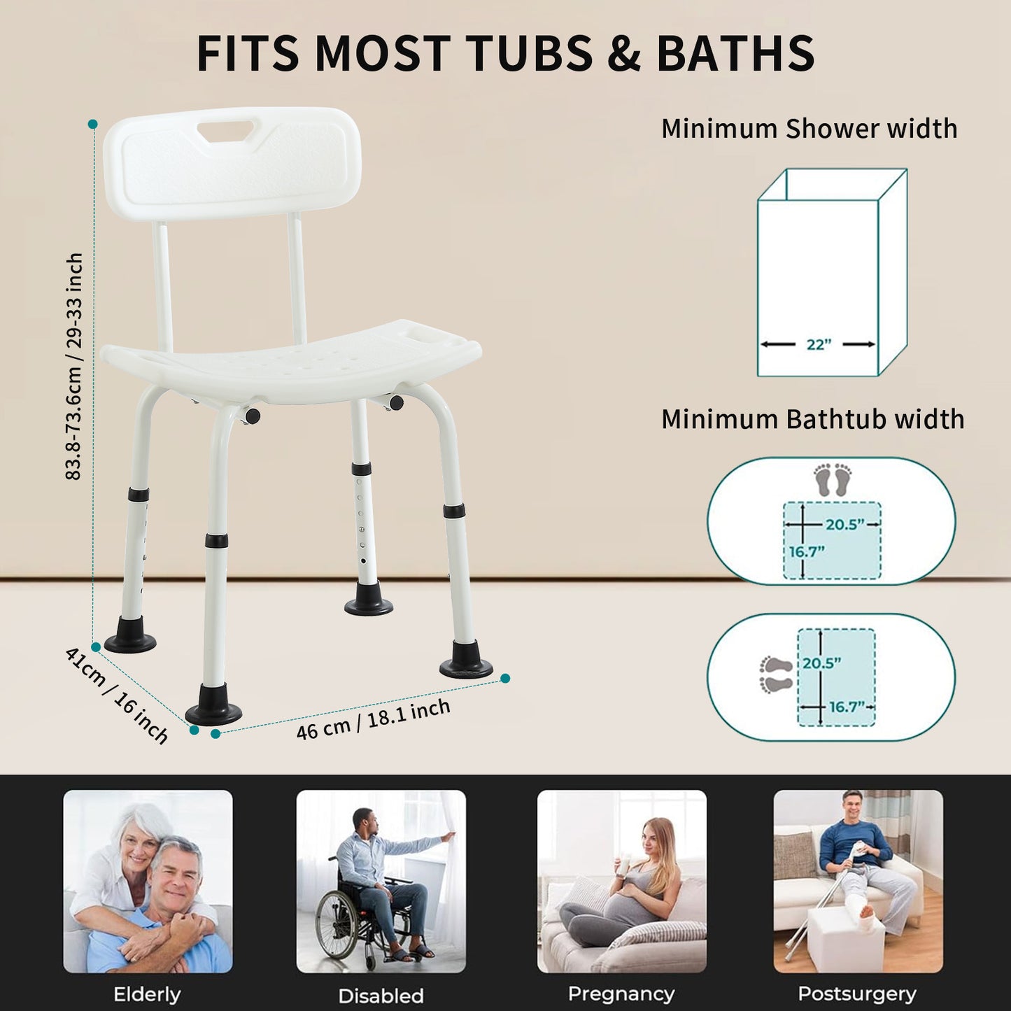 Shower Chair for Bathroom, Elegant white, weight capacity 350LBS