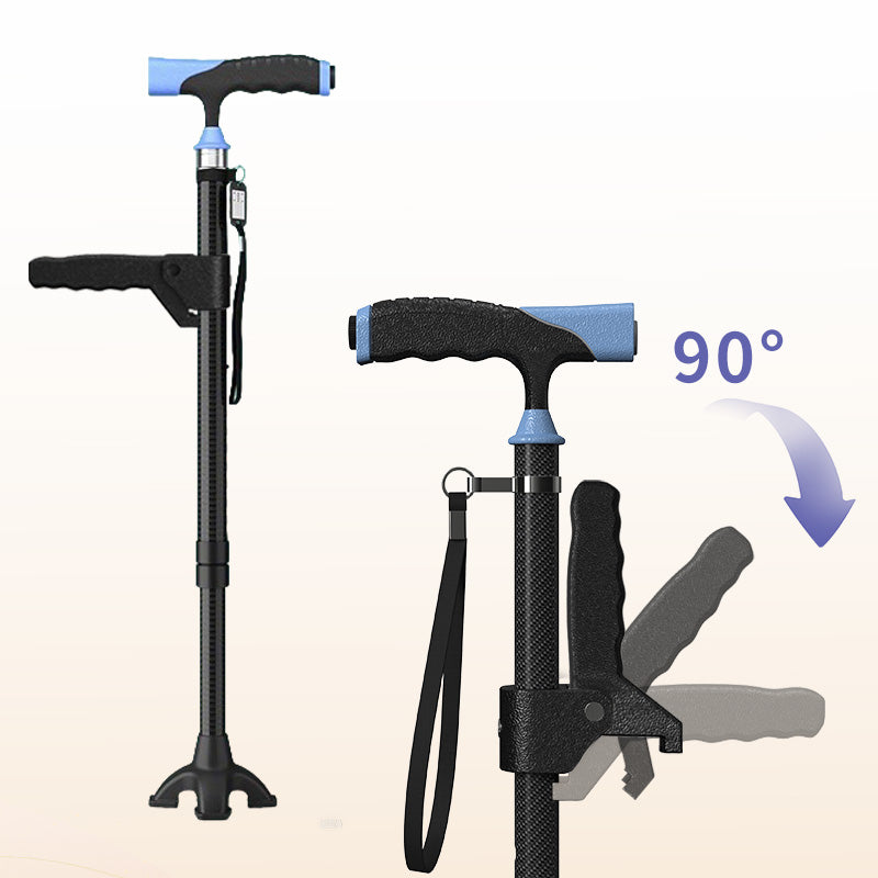 Carbon Fiber Cane with LED Light, Only 1.25KG,  Small Four-Point Cane Tip, in Stylish Black.