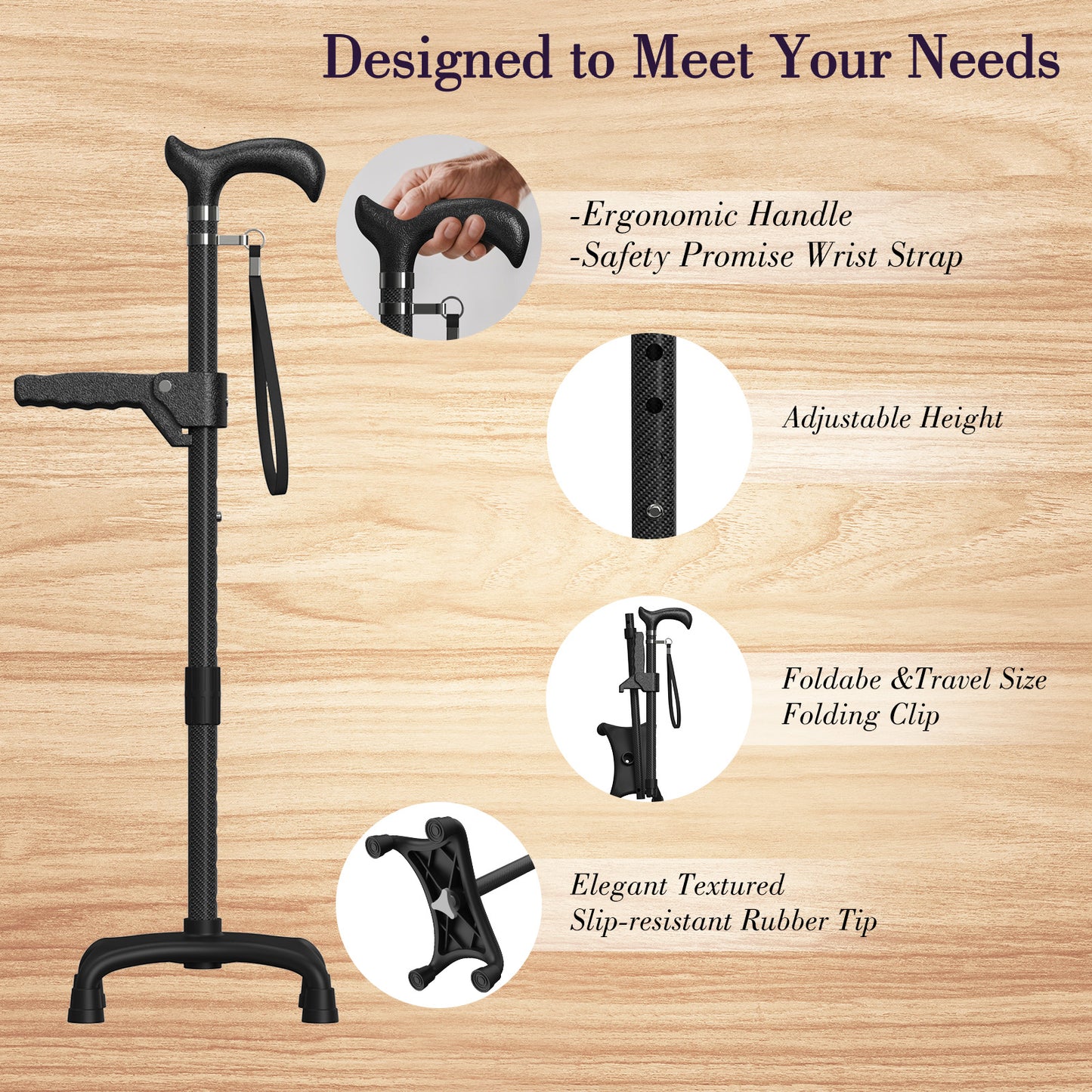 Carbon Fiber Cane Ultralight 0.7lbs, Four-Point Cane Tip, With Assist Handles, Black.