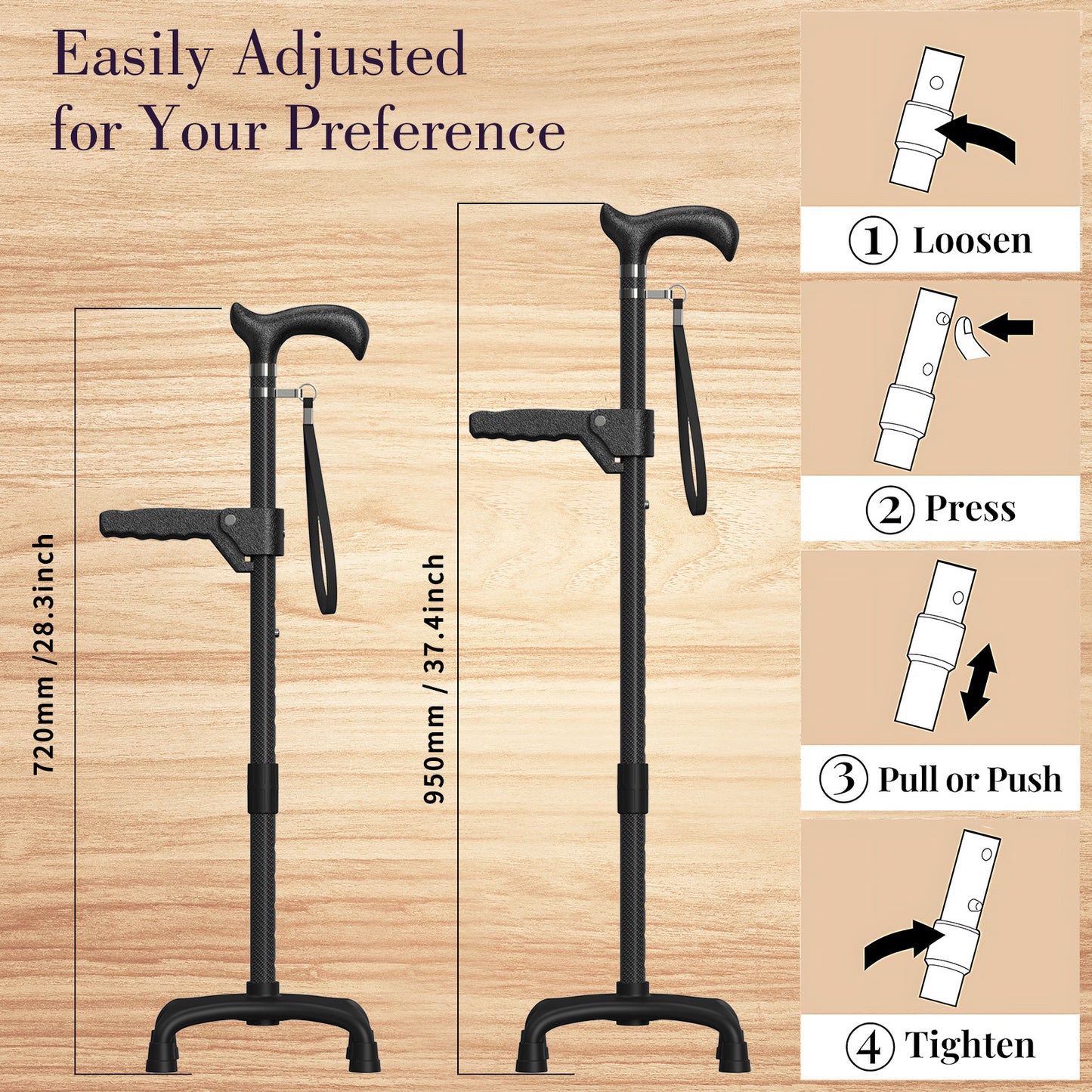 Carbon Fiber Cane Ultralight 0.7lbs, Four-Point Cane Tip, With Assist Handles, Black.