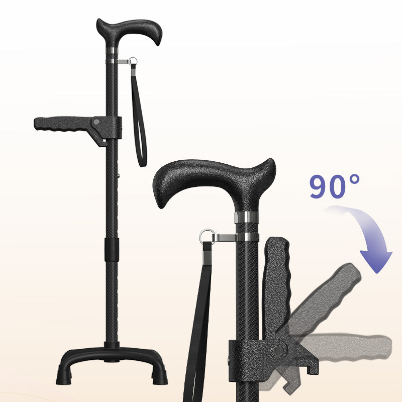 Carbon Fiber Cane Ultralight 0.7lbs, Four-Point Cane Tip, With Assist Handles, Black.