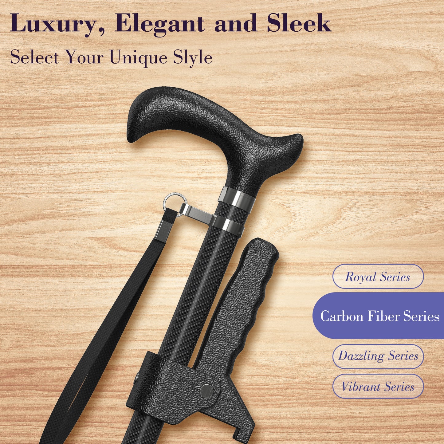 Carbon Fiber Cane Ultralight 0.7lbs, Single-Point Cane Tip, With Assist Handles, Black.