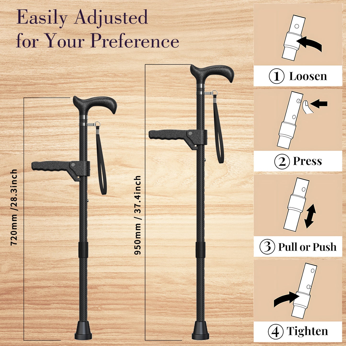 Carbon Fiber Cane Ultralight 0.7lbs, Single-Point Cane Tip, With Assist Handles, Black.
