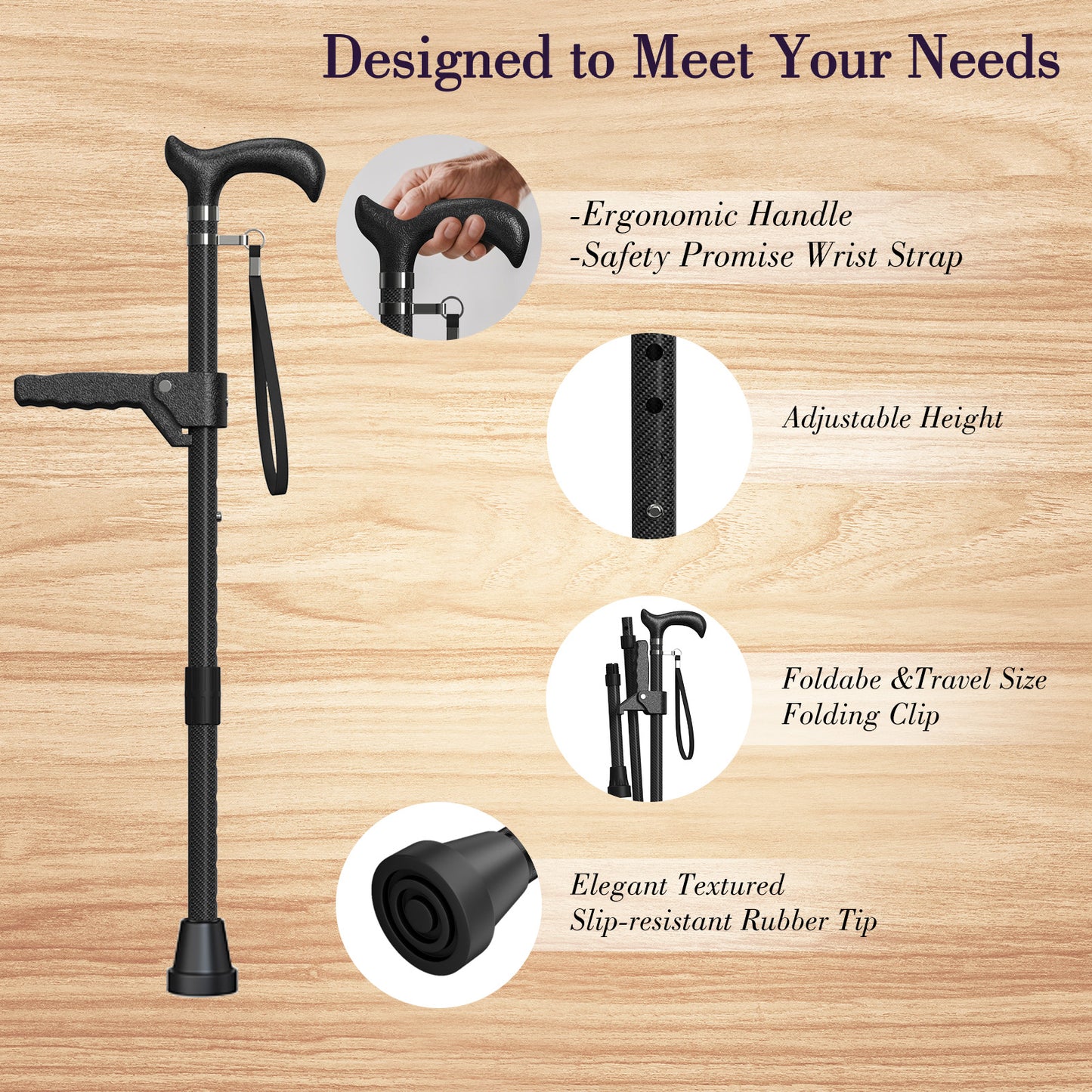 Carbon Fiber Cane Ultralight 0.7lbs, Single-Point Cane Tip, With Assist Handles, Black.