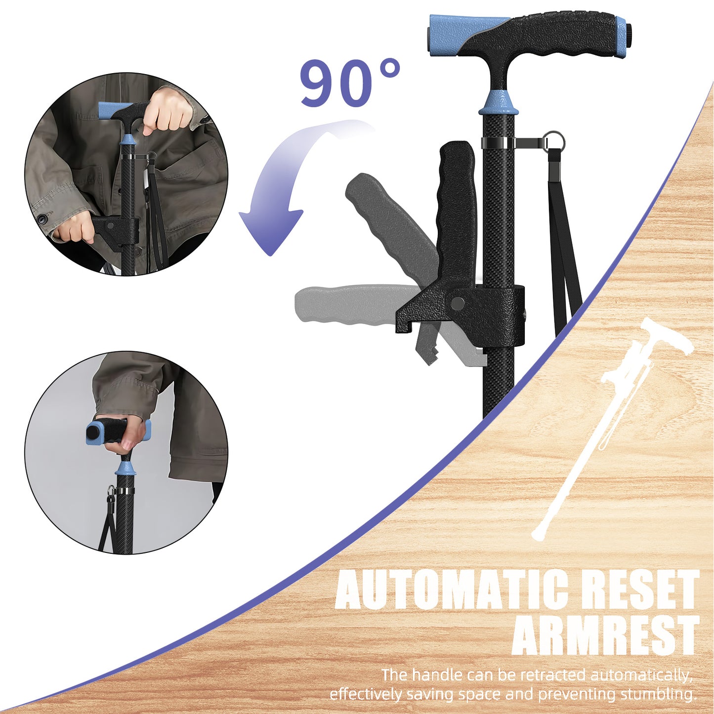 Carbon Fiber Cane with LED Light, With Assist Handles, Four-Point Cane Tip.