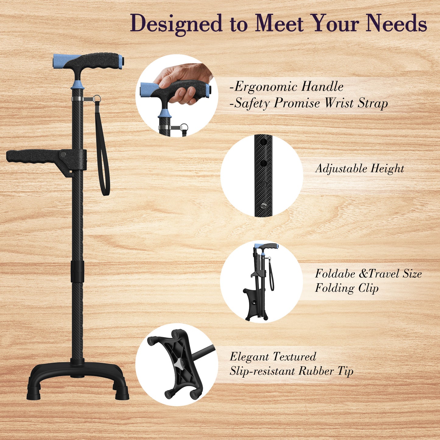 Carbon Fiber Cane with LED Light, With Assist Handles, Four-Point Cane Tip.