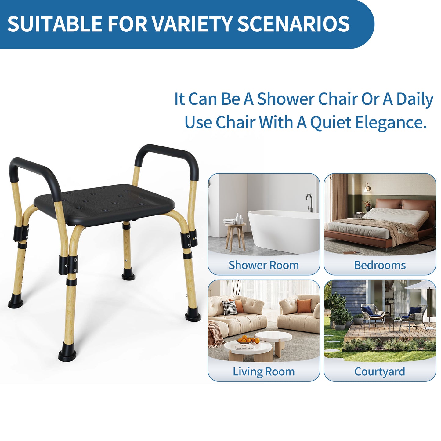 Shower Stool for Inside Shower, Elegant Black, Weight Capacity 550LBS.