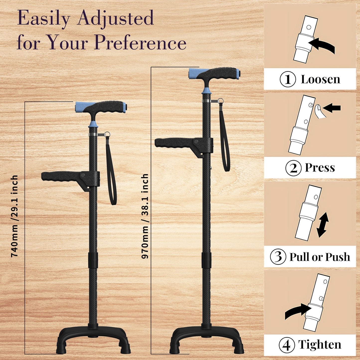 Carbon Fiber Cane with LED Light, With Assist Handles, Four-Point Cane Tip.
